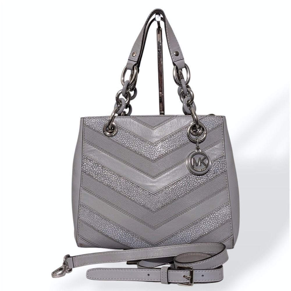 Michael Kors Cynthia Satchel Grey Chevron Leather Convertible Crossbody Bag